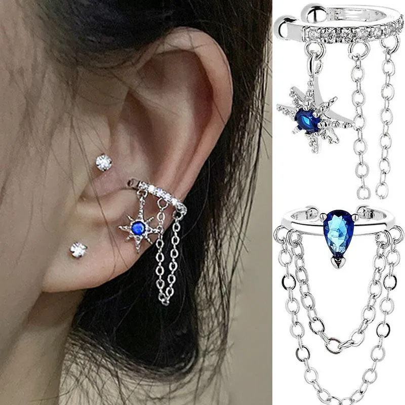 Orecchini posteriori moda polsino auricolare nappa zircone blu zaffiro nessun orecchino penetrante clip di personalità per ragazze alla moda per gioielli da donna