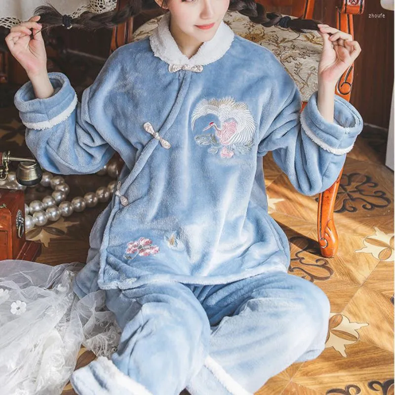 Womens Sleepwear Chinese Style Coral Fleece Pajamas Sets Women