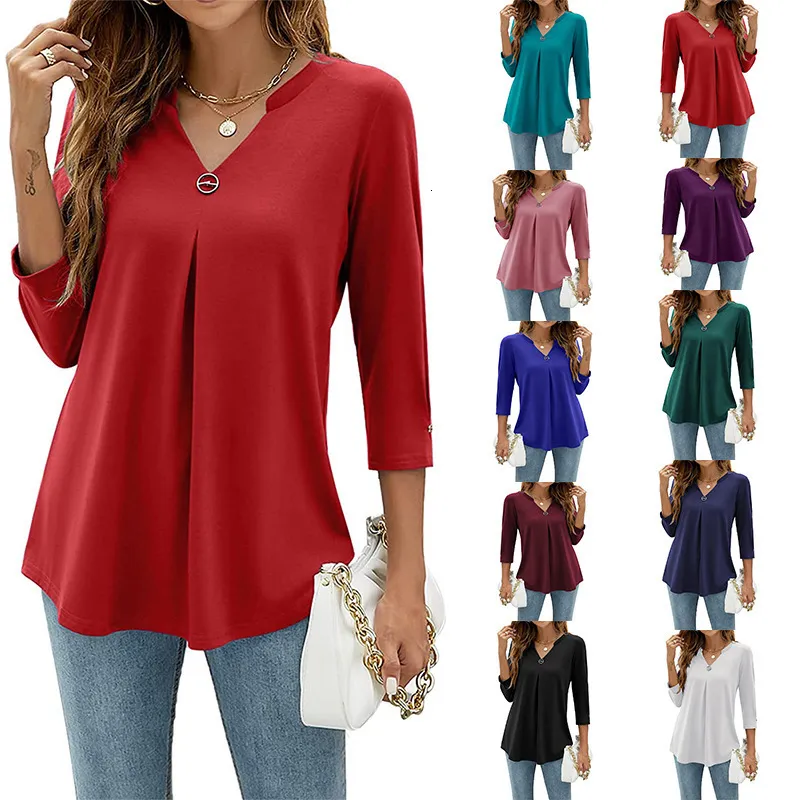 Women's Tshirt Fallwinter Clothing 34 Sleeve V Neck Patsded Pleated Top Solid Color Loose Pullover Fashion Shirts 230130