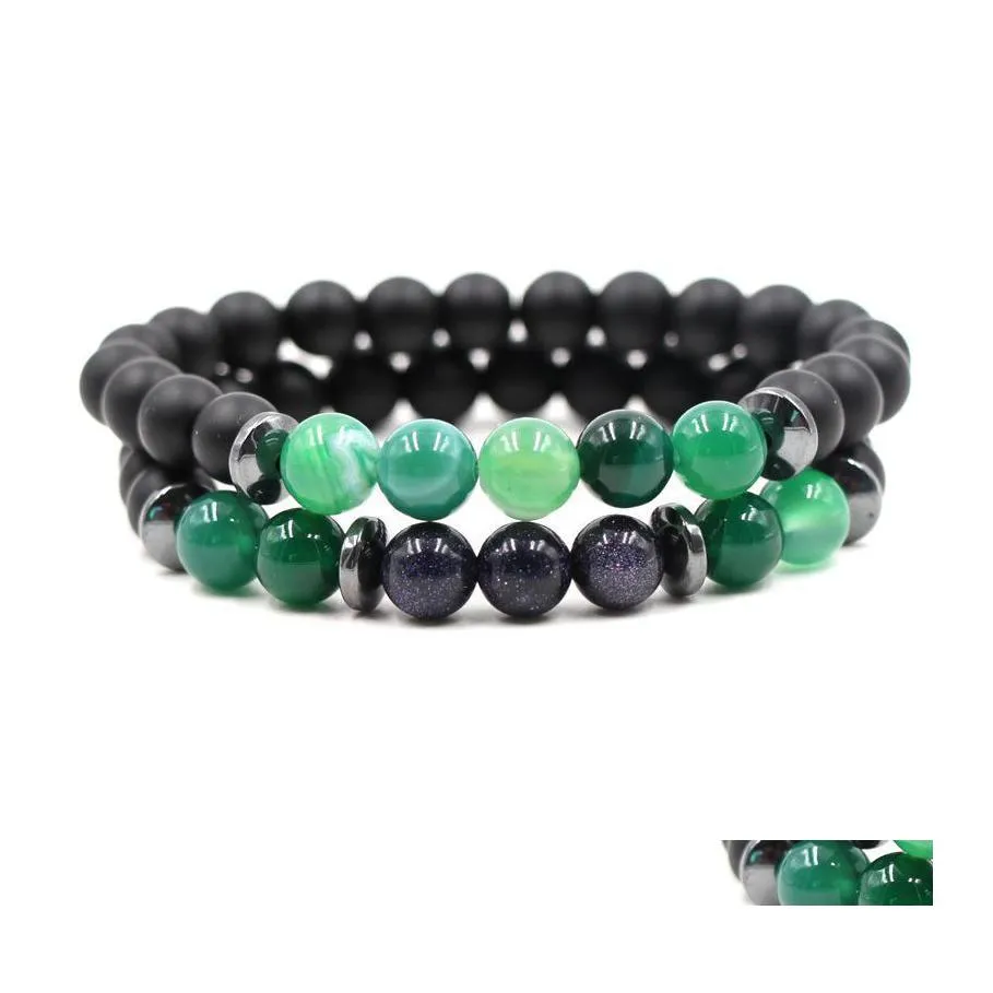 Charm Bracelets Natural Stone Bracelet Turquoise Agate Tiger 2Pcs/Set Couple Men Women Jewelry Bead Drop Delivery Dhnlh