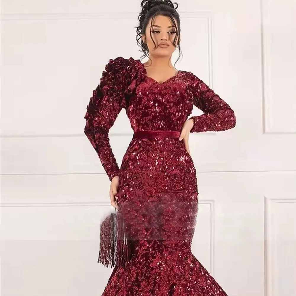 Burgundy Sequin Mermaid Evening Dress with V Neck and Full Long Sleeves Floor-Length Prom Gown from Dhgate Evening Dresses - price 62.82 Burgundy Sequin Mermaid Evening Dress with V Neck and Full Long Sleeves Floor-Length Prom Gown from Dhgate Evening Dresses - price 62.82