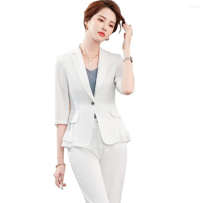 Pantalon deux pièces femme noir blanc femmes demi manches à volants blazer et pantalon costume élégant bureau dame formel ensemble pour printemps été vêtements de travail