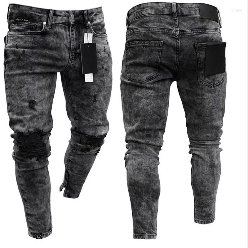 Herren Jeans Biker Herren Distressed Stretch Ripped Herren Hip Hop Slim Fit Löcher Punk Reißverschluss Reine Farbe Denim Hosen