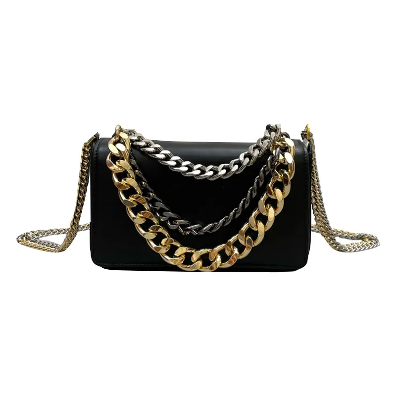 Sac Bandoulière Femme Noir & Blanc - Carré à Rabat Simili Cuir Avec Chaîne Métal - Taille Moyenne