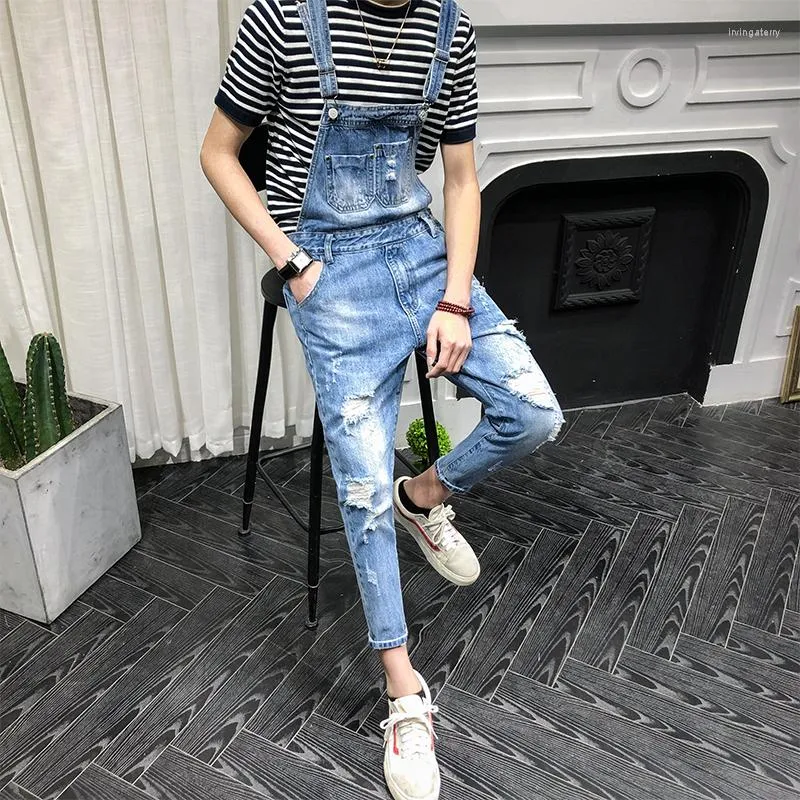 Mäns jeans sommarmens haklapp overall mode smal ankel längd denim super stilig ungdomlig jumpsuit hög kvalitet