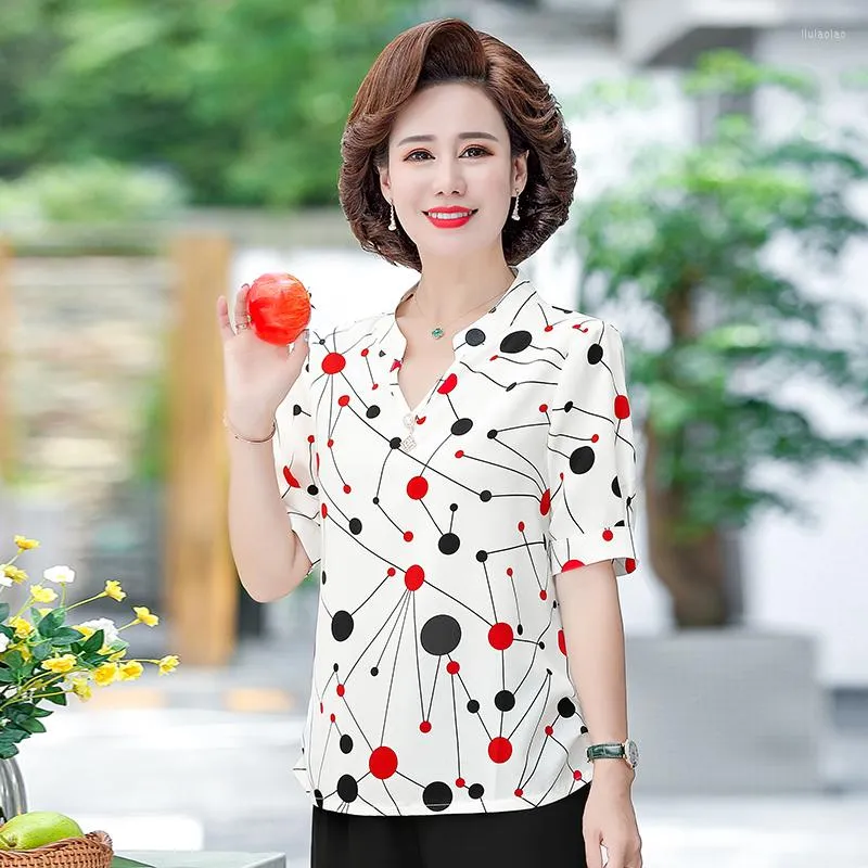Women's Blouses Summer Chiffon Florla Printed Tops And Casual V-neck Elegant Blusas Middle Aged Female Shirts 2023