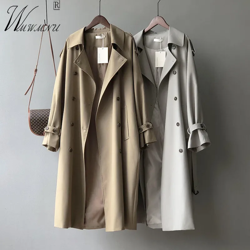 Kvinnors trenchrockar klassiska khaki trench coat kvinnor koreanska mode dubbelbröst bälte gabardinas mujer ol våren överrock kostym krage vindbrytare 230130