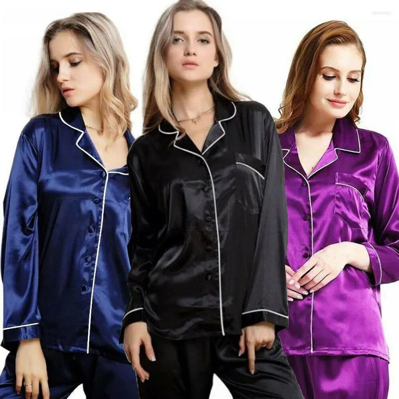 Kvinnors sömnkläder Kvinnor Silk Satin Pyjamas Set Pyjama Ladies Nong-Down Long Sleeve Nightwear Suit Female Loungewear Homewear