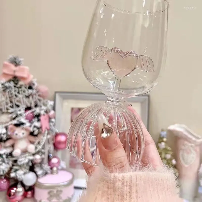 Wine Glasses 300ml Nordic Red Glass Goblet 4 Pieces Set Cocktail Cup Pink Heart With Wings Champagne For Girls Women Party