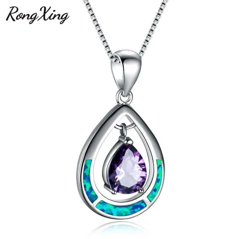 Pendentif Colliers RongXing Argent Couleur Bleu Opale De Feu Pour Femmes Mode Violet Pierre De Naissance Collier Bijoux NL0125