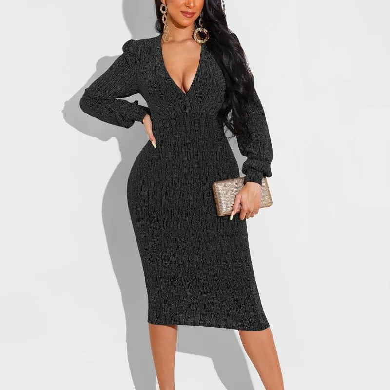 Casual Dresses Sexy Sequined Sheath Party Dress Women Bodycon Ruched Short Prom Long Sleeve Deep V Neck Sparkly Black Club Vestidos