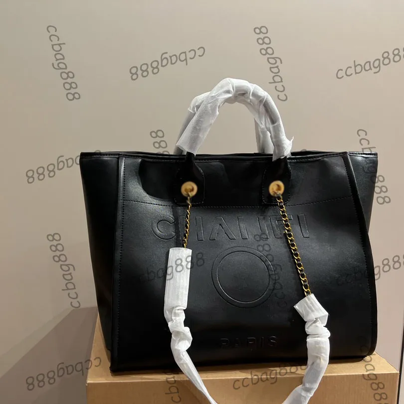 Borsa shopping da spiaggia in vera pelle di design da donna Pochette Deauville con manico a catena Totes Borsa a tracolla a tracolla Matelasse in metallo nero oro argento 37CM