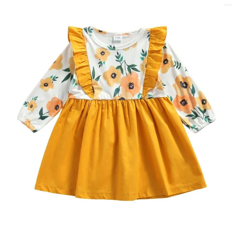 Vestidos de niña Vestido de verano para niños Costura floral O-cuello con volantes Manga larga Falda informal para niñas de 18 meses a 5 años