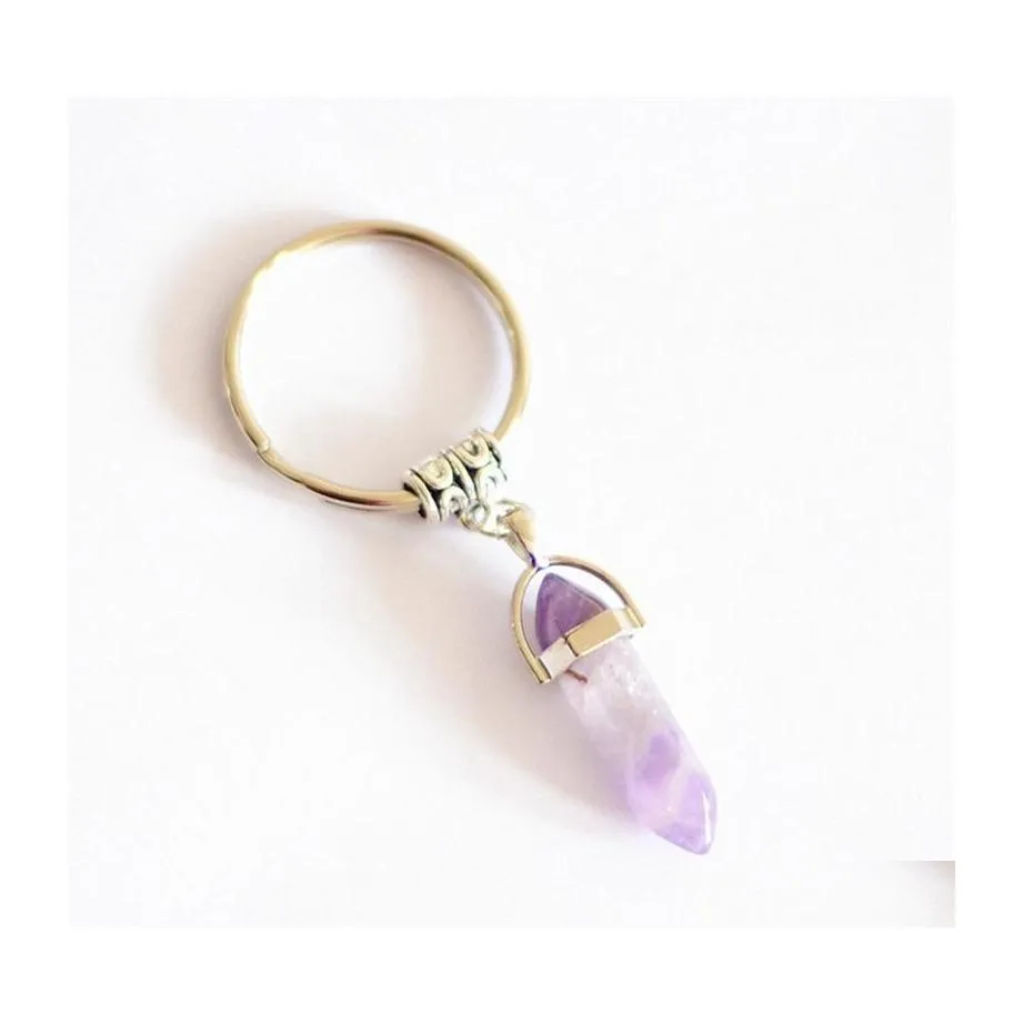 Key Rings Hexagonal Prism Keychains Natural Stone Pendant Chains Crystal Charms Holder Jewelry Keyring Fashion Accessories 624 Drop D Dhfv0