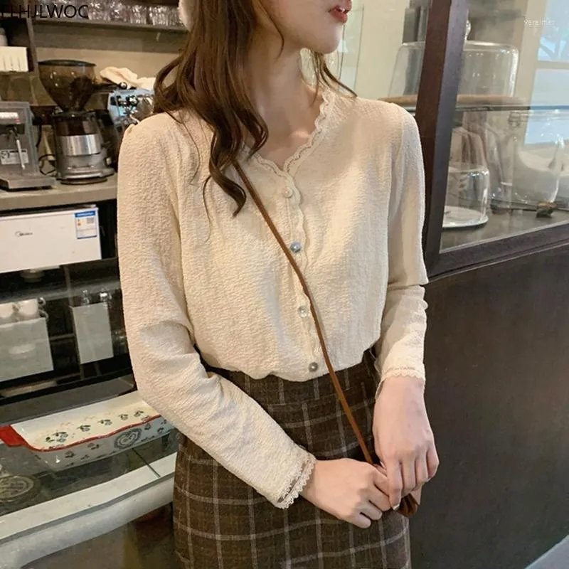 Women's Blouses s Japan Style Cute Girls Vrouwen Zoete lange mouw Casual V Nek enkele borsten knop Shirts Vintage Tops O2701