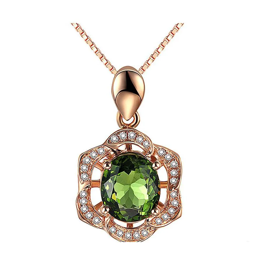 Подвесные ожерелья 18K Розовое золото Инкрустированное алмазное зеленое турмалиновое шестиугольное ожерелье для цветов Изумрудные женщины.