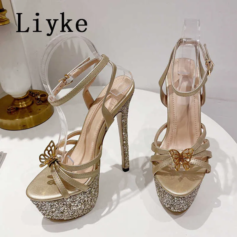 Новый дизайн Butterfly-Knot Women Platform Sandals Summer Fashion Glitter Gold