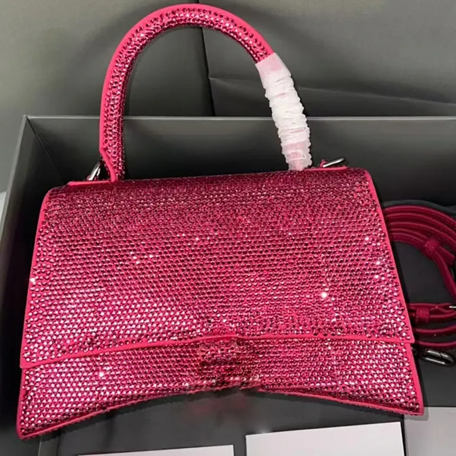 Timglas xs handväska crossbody rhinestone påse grå mocka kalvskinn väska silver hårdvara handväskor designer lyx plånbok påse 71kk#