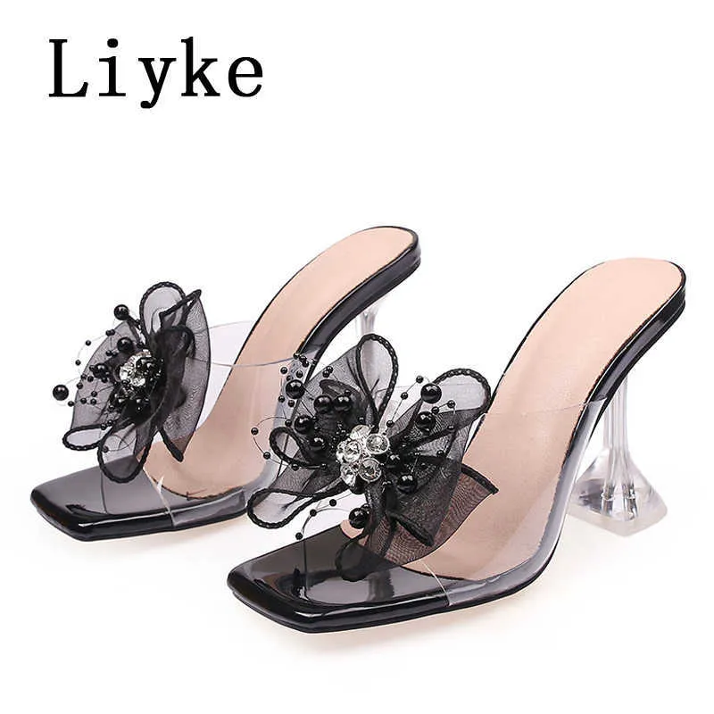 Big Size 34-46 Transparent PVC Women Slippers Fashion Crystal Bowknot High Heels Jelly Shoes Summer Sandals Mules Slides 0129