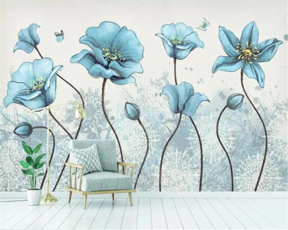 Tapeten Benutzerdefinierte Größe Moderne minimalistische handgemalte Blumen und Vögel idyllische kleine frische Hintergrundwand dekorative Malerei