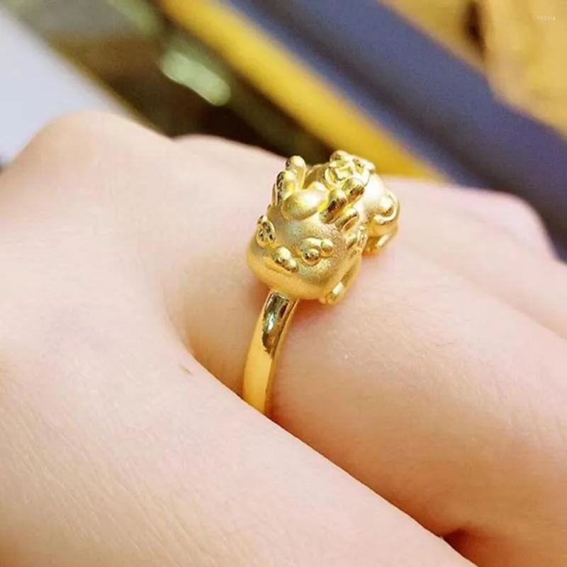 Cluster Rings 1PCS Pure 999 24K Yellow Gold Ring 3D Hard Lucky Pixiu Baby US5-7.5 / Gift