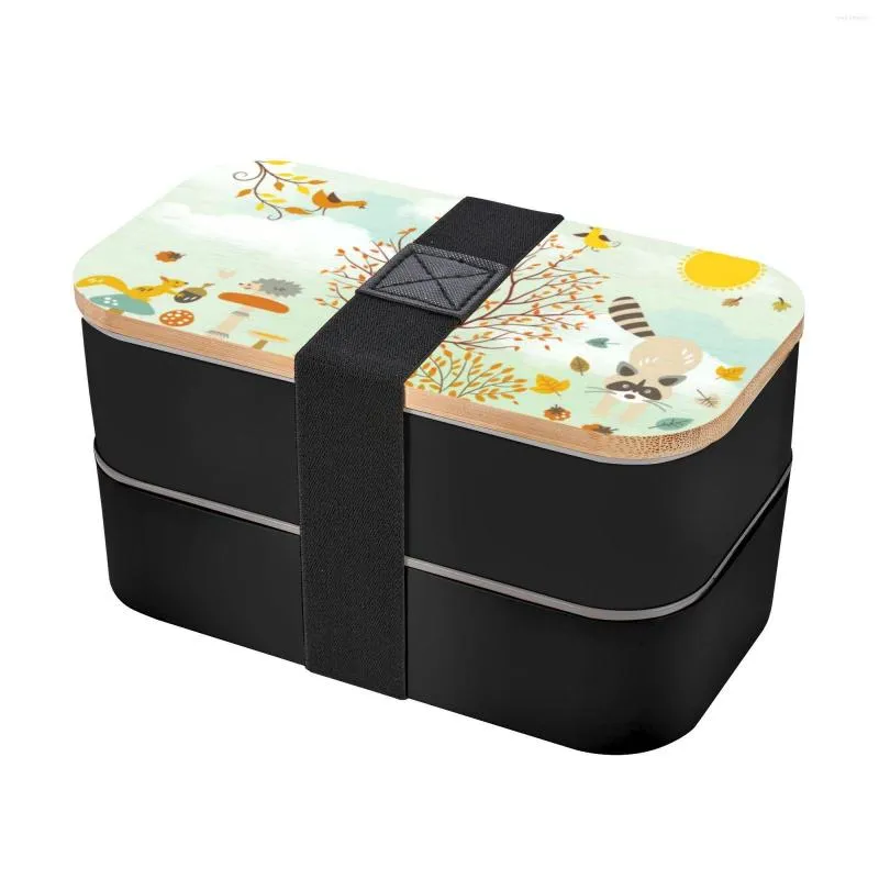 Dinnerware Sets 2023 Wooden Lid PP Material Fashionable Strap Double Layer Lunch Box Knife Fork Woods Hedgehog Koala Tropical Style