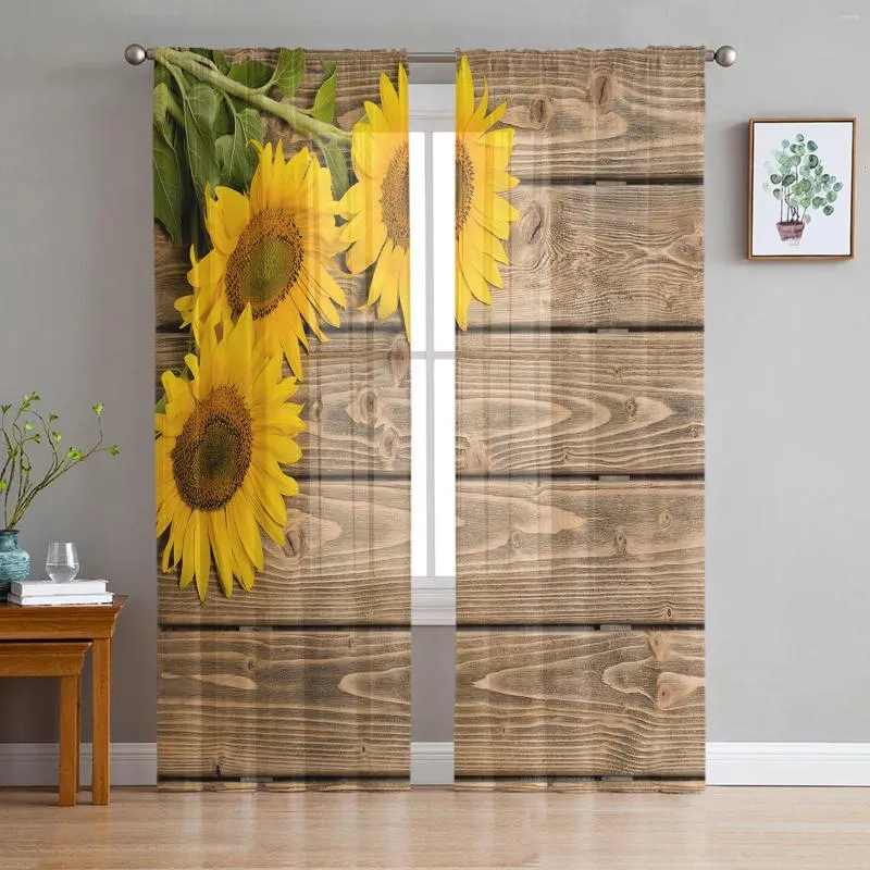 Curtain Sunflowers Wood Boards Sheer For Living Room Voile Window Blinds Bedroom Tulle Drape Kitchen Cortinas Hall Curtains