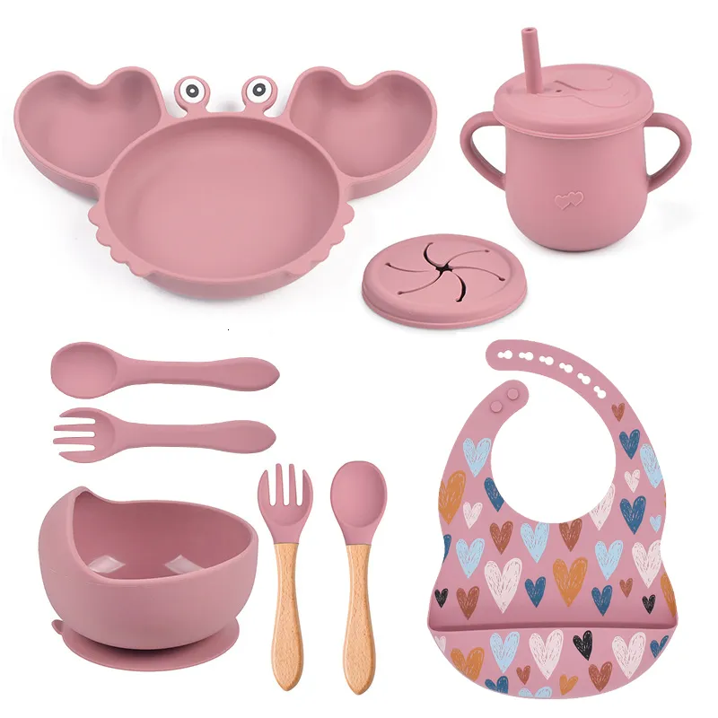 Cups Dishes Utensils 9Pcs Baby Silicone Non-Slip Suction Bowl Plate Spoon Waterproof Bib Cup Set Baby Crab Dishes Food Feeding Bowl for Kids BPA Free 230130