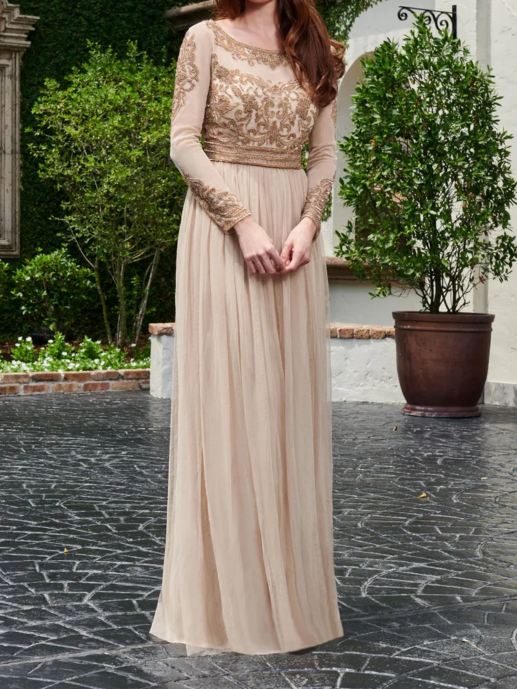 Champagne Mother of the Bride Dress Long Sleeves Sheer with Beading Floor Length Party Gown