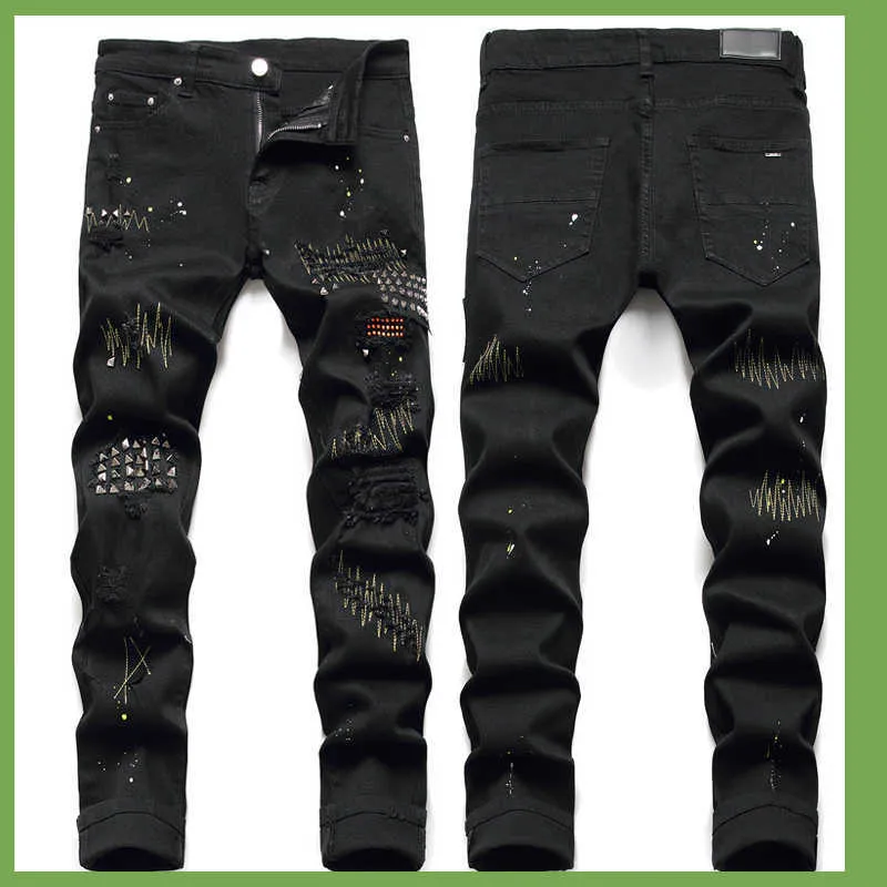 Men's Jeans Man Rivet Studs Stitching Detail Damage Black Distressed Worn Denim Pants