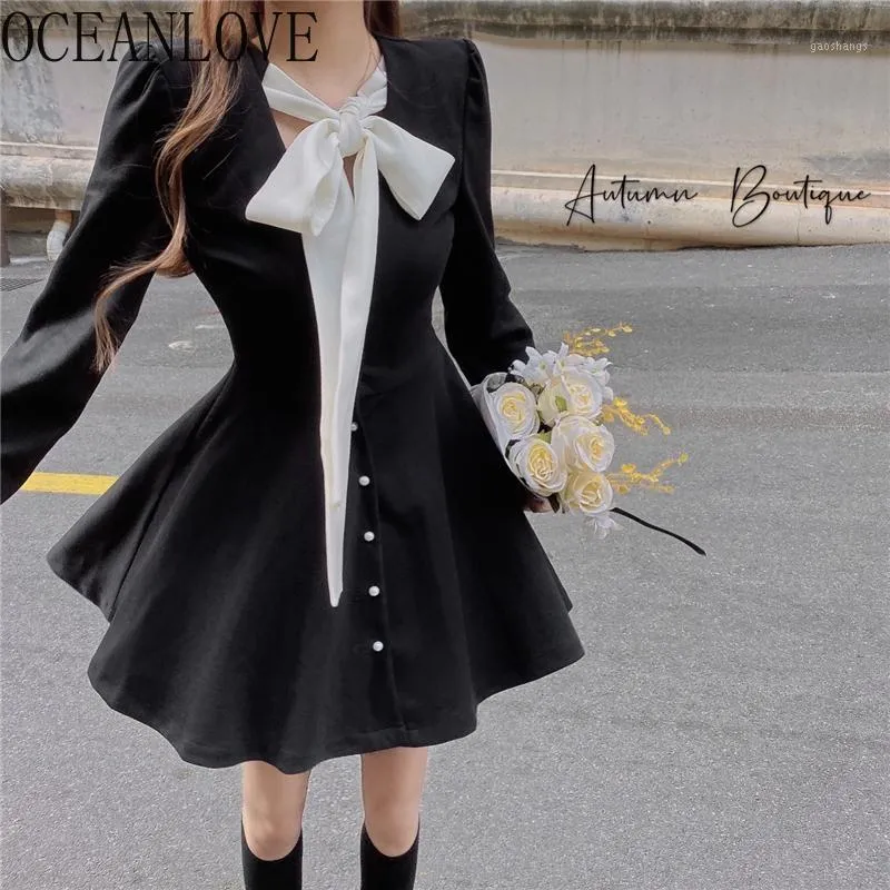 Casual Dresses OCEANLOVE Woman Dress Bandage Bow High Waist Autumn Winter Vestidos 2023 Vintage Black A-line Mini V Neck 192111