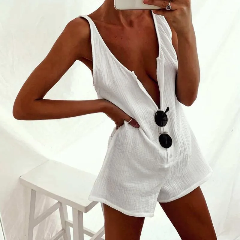 Kobiety Jumpsuits Rompers swobodne guziki kieszonkowe Jumsuit żeński panie letnie lniane linijki vintage shift spaghetti-strap Playsuits 2023 D30