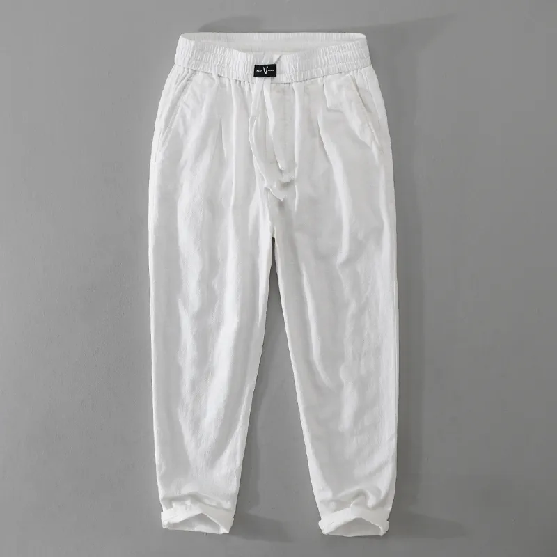 Herrbyxor designer bomullslinne casual märke för män mode lös elastisk midja med dragkammare byxor pantalones hombre 230131