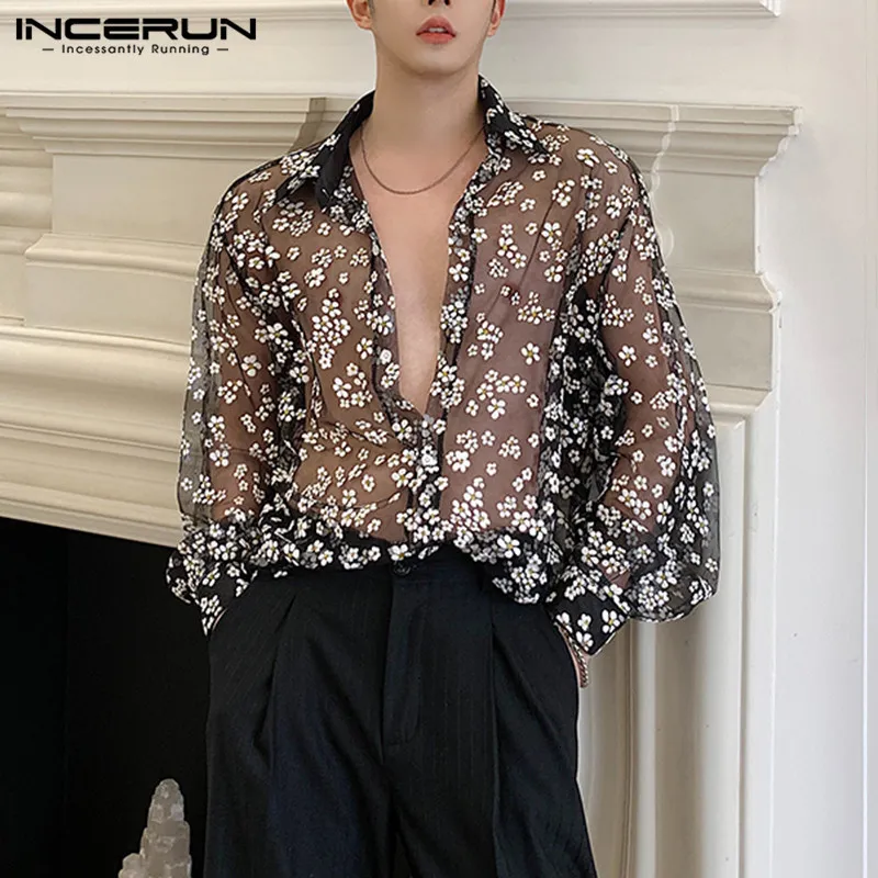 Casual shirts voor heren mode heren mesh shirt transparante lange mouw geprinte revers revers losse streetwear blouse feest clubkleding casmia s5xl Incerun 230130