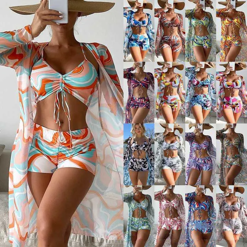 2023 Costume da bagno da donna diviso in tre pezzi a vita alta con maniche lunghe Ins Overshirt Mesh Bikini da spiaggia con coulisse rosso