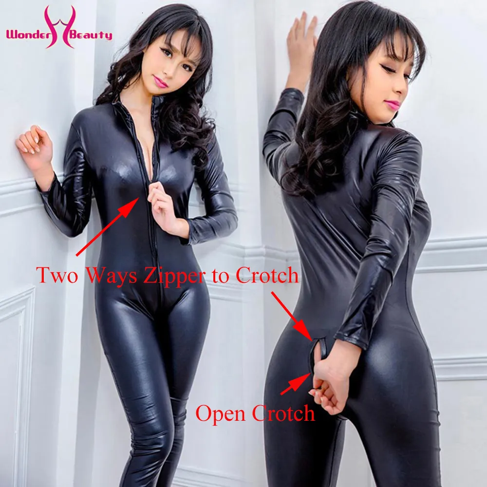 Long Sleeve Wetlook Faux Leather Jumpsuit Open Crotch Zipper PVC Catsuit Latex Fetish Wear Catwomen Halloween Costume (7)