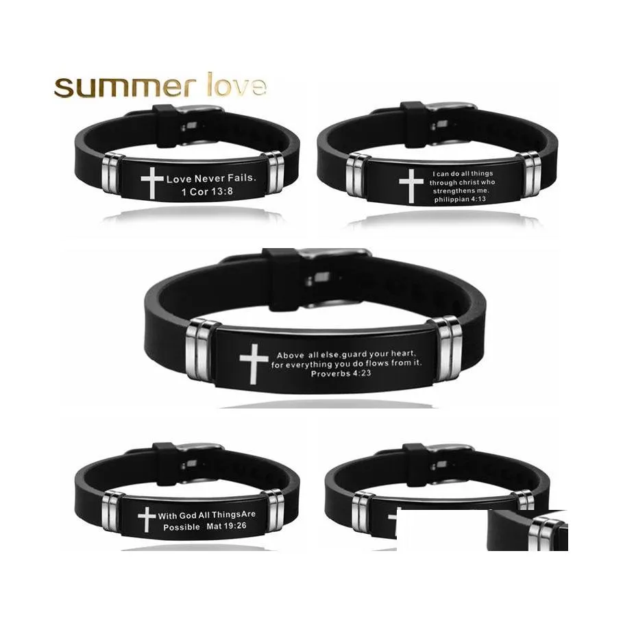 Andere armbanden kruisen bijbelvers citaten voor mannen Women zachte sile armband roestvrijstalen armband mannelijke Jezus Christus geloof gebed drop ots5j