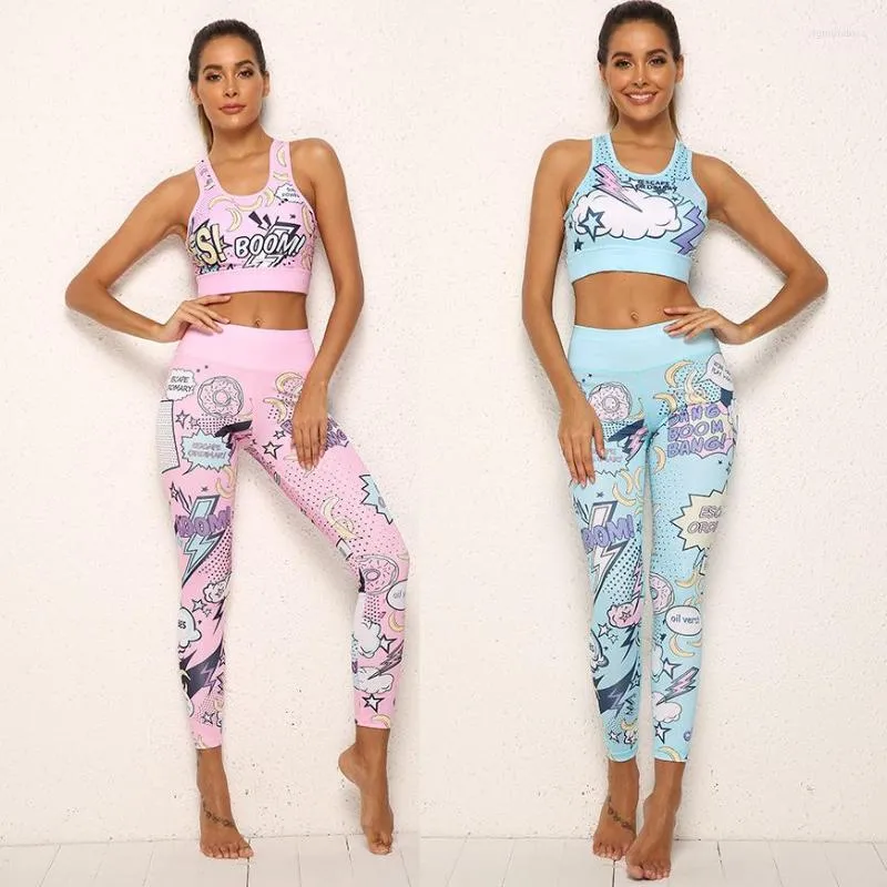 Active Sets 2023 Seamless Yoga Set Tracksuit Women Workout Gym Clothes Sports Fitness Suit Printed Sportswear Push Up Bra Cartoon Tights