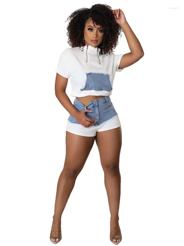 Survêtements pour femmes Kalevest Y2K Ensembles pour femmes 2 pièces T-shirt à manches courtes blanc Trashy Zip-up Denim Pants Streetwear Tees Rave Outfits