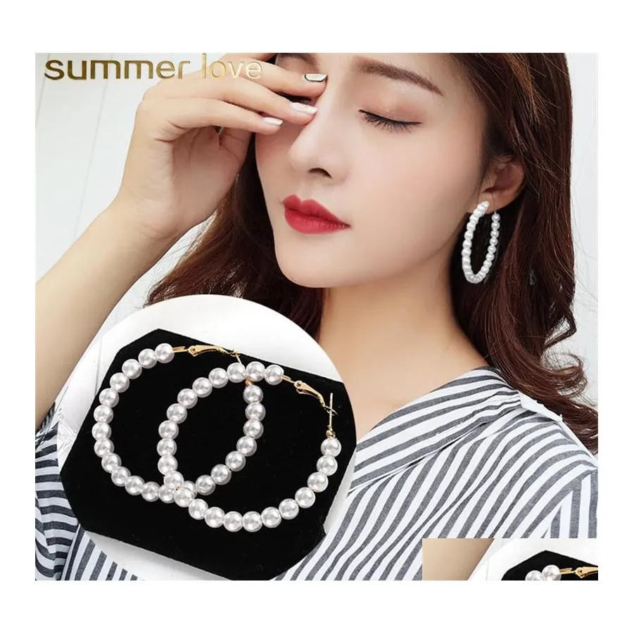 Pendientes de perlas Huggie de aro para mujeres Chicas elegantes exageradas Anillos de oreja de círculo de gran tamaño Dulce Diseño de Corea del Sur Joyería Gota Deli Otoee