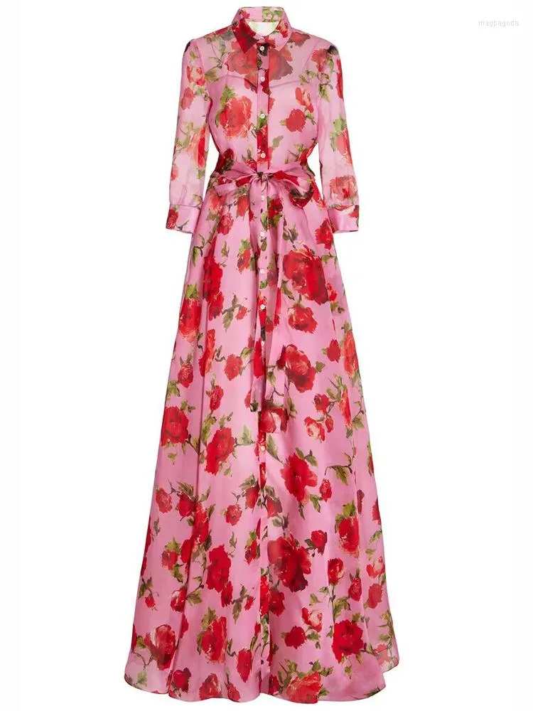 Vestidos casuais doces desde vestido de luxo vintage feminino colarinho rosa impressão grande swing swing primavera verão elegante moda 2023 designer