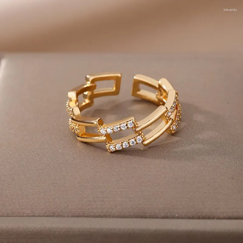 Pierścienie ślubne klasyczny łańcuch skrętu Otwarty dla kobiet w sześciennym cyrkonie regulowany geometryczny stal nierdzewna biżuteria z pierścienia palcowego BFF