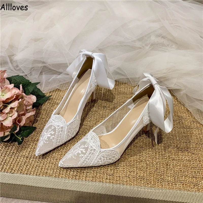 Sapatos de casamento chiques de fita de renda para noivas bohemian veja atrav￩s da malha de salto alto sapatos femininos apontados de p￩ elegante bombas sapatos de sapatos formais bail