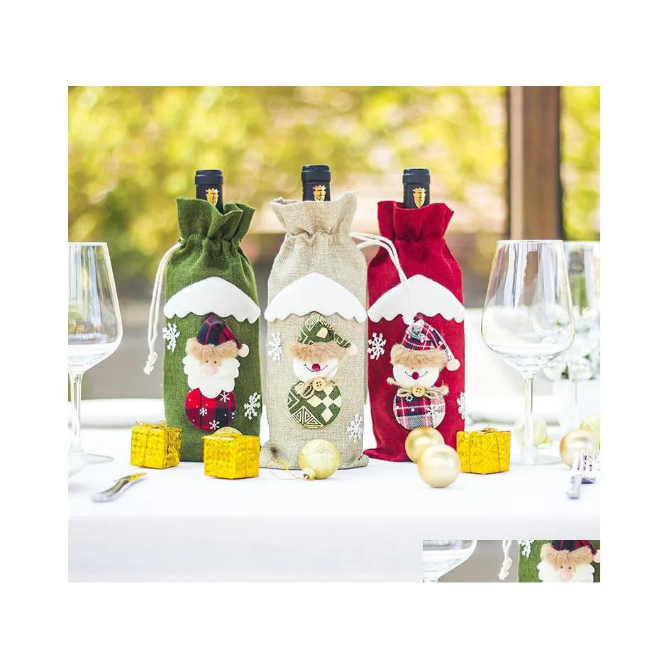 Christmas Decorations Decoration Jute Wine Bags Santa Claus Ornaments Xmas Champagne Bottle Ers Bag Dinner Dstring Wq184 Drop Delive Dhxpf