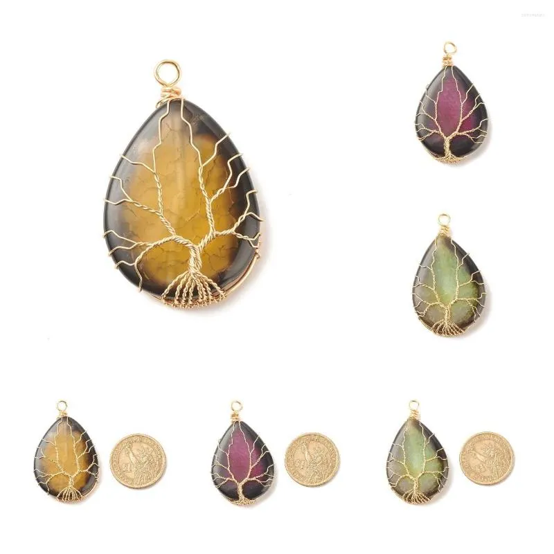 Pandahall 5pcs pendentifs en agate craquelée naturelle de couleur mélangée avec fil de cuivre doré enveloppé pour la fabrication de bijoux cadeau