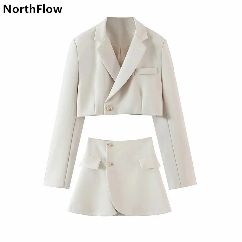 Tweedelige kleding Northflow Matching Set Blazer en Skirts Women England Style Navel Exposed Short Empire Blazer Feminino Femme Two Piece Set 230130