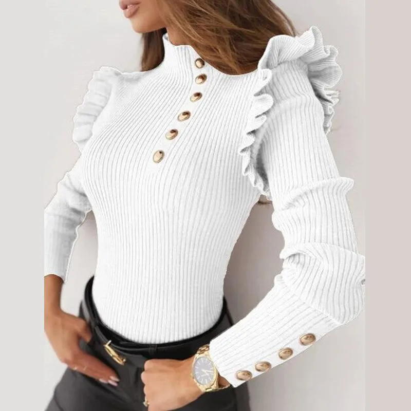 Koszulki damskie mody Turtleeck Długie rękaw Czarna biała koszula Kobiety 2023 Autumn Winter Buttons Ruffles Top Woman Tshirt