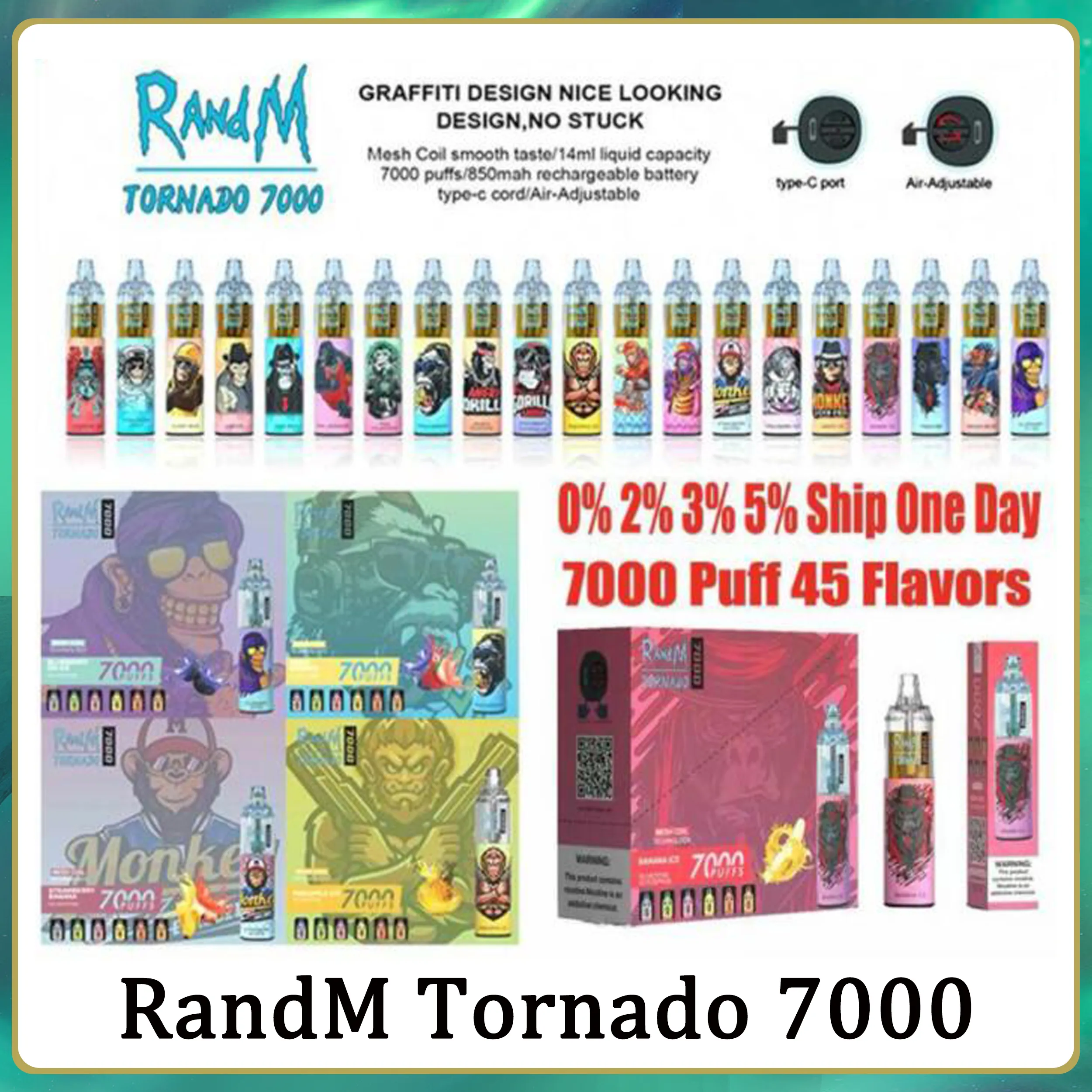 Sigarette elettroniche originali RandM Tornado 7000 sbuffi 7K penna Vape usa e getta 14ml Pod Mesh Coil 6 colori luminosi Ricaricabile regolabile in aria 2% 5% dispositivo 50 sapori