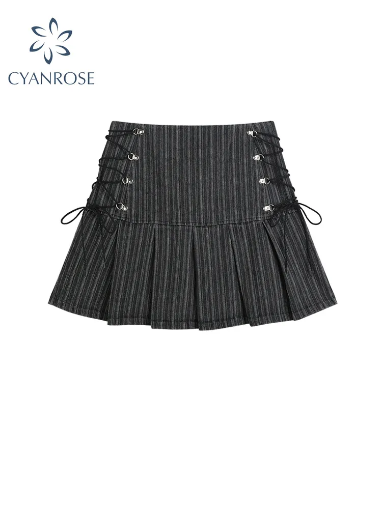 Skirts Y2k Pleated Skirt Women Sexy High Waist Grey Stripe Bandage Mini Skirts Summer A Line Skirt Vintage Harajuku Streetwar 230131