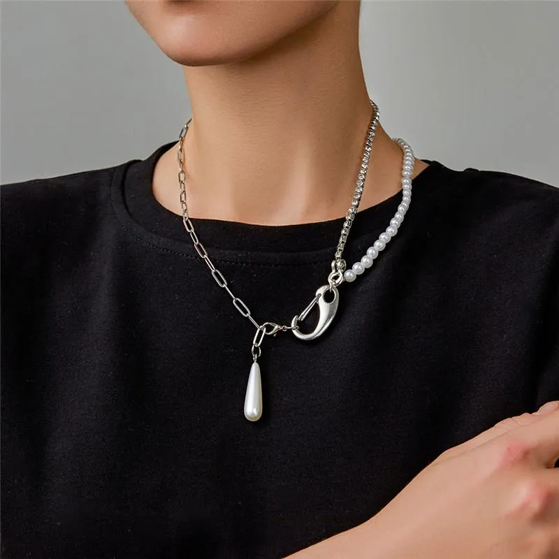 Choker Silver Modern Design Metal Foged Chain Pearl Necklace Personlig justerbar cool hiphop för kvinnor män 2023 Chokers